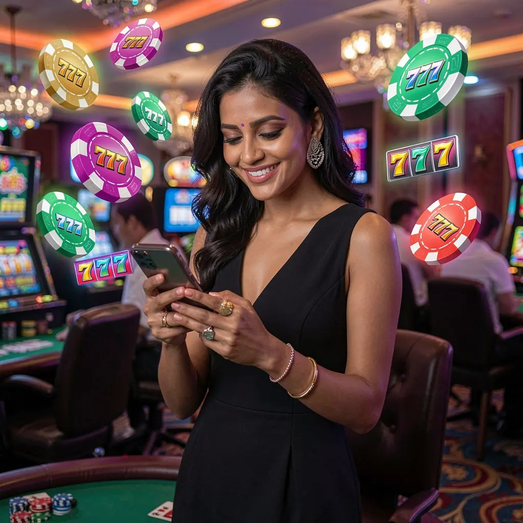 Confident Bangladeshi woman using the 9BBD casino app with floating poker chips and 777 slot symbols creating a modern mobile gaming mood