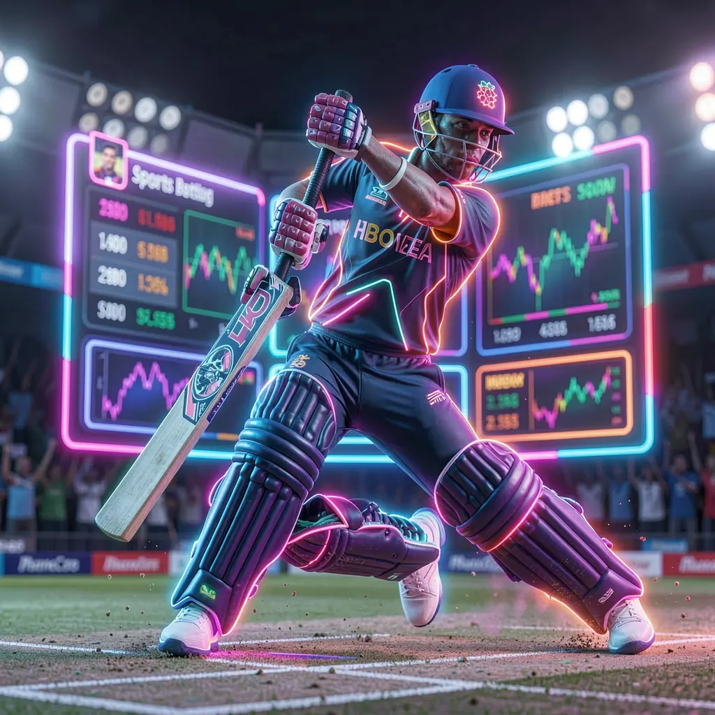Stylized neon cricket batsman in dynamic motion representing fast sports betting action on 9BBD in Bangladesh