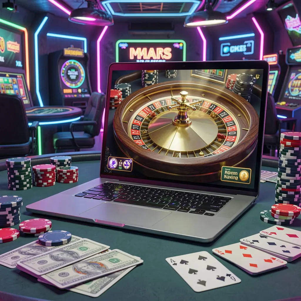 Futuristic online roulette game on a laptop surrounded by digital casino chips and graphics representing the innovative gaming environment of 9BBD
