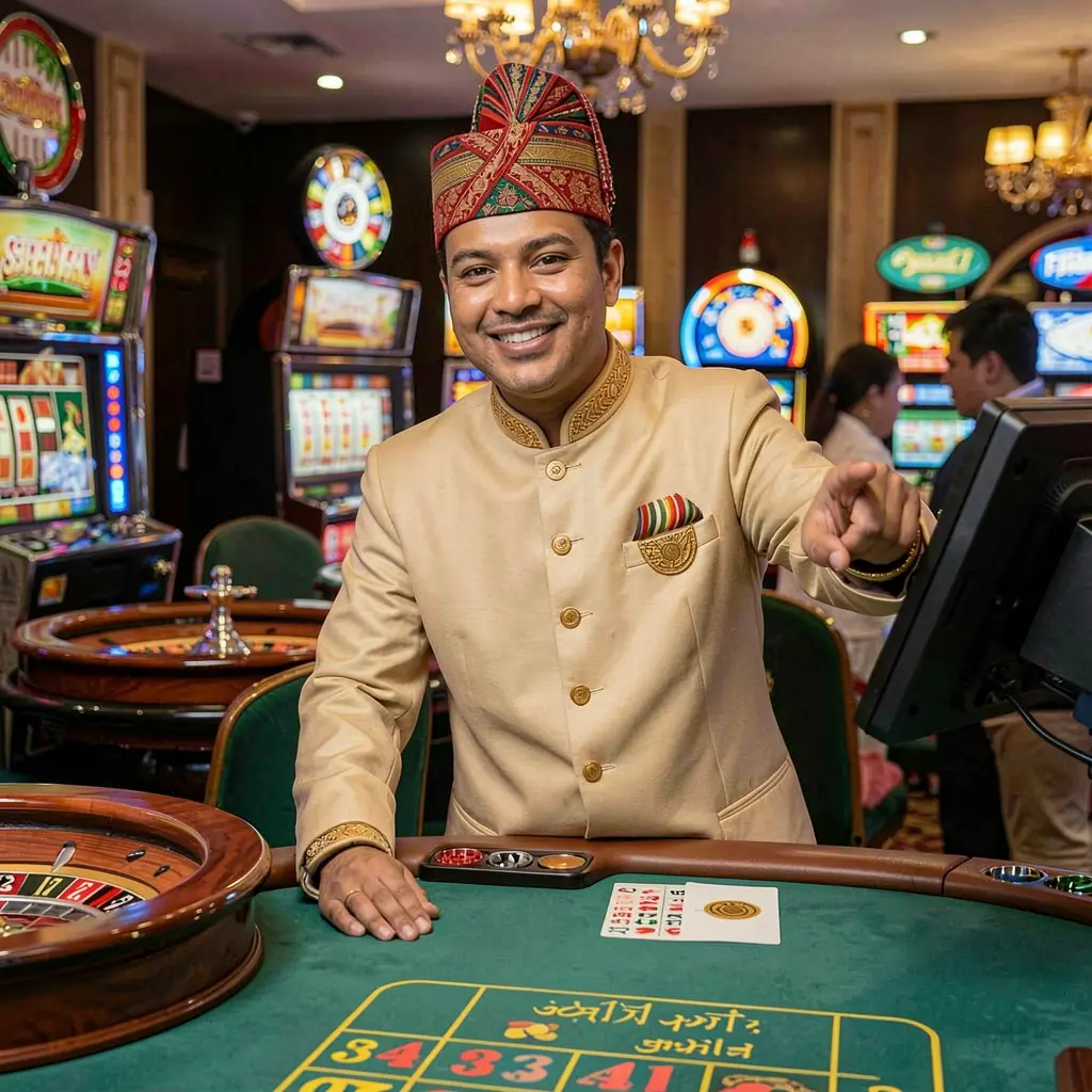 Elegant Bangladeshi casino dealer pointing forward in a classic uniform with roulette and slot machines behind him representing trusted access to 9BBD