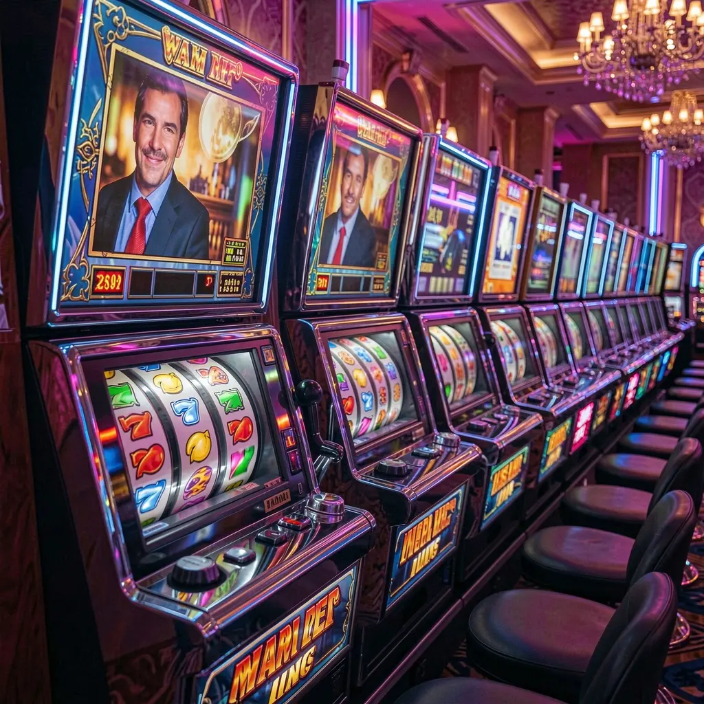 Modern slot machines with bright reels and colorful symbols inside a neon lit casino atmosphere at 9BBD online casino for players in Bangladesh